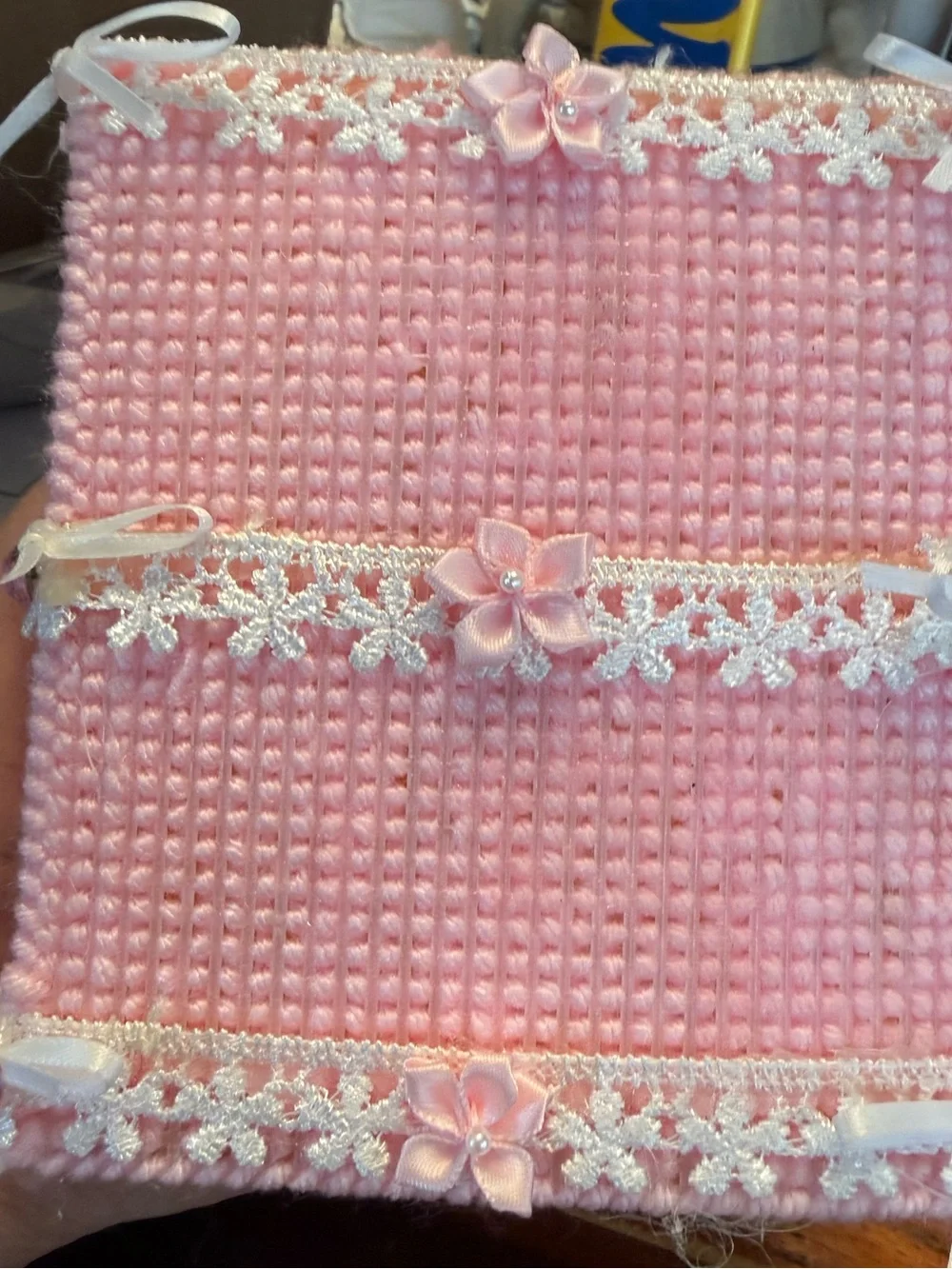 Vintage Pink Plastic Canvas Tissue Box Cover Coquette Lace Bows Handmade
